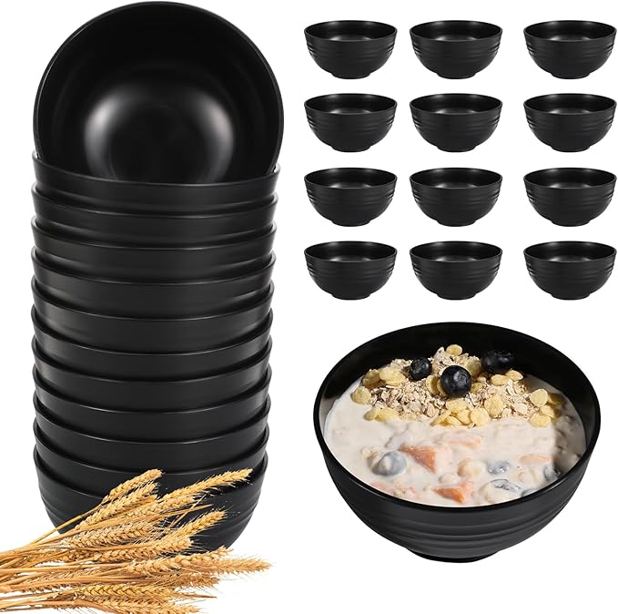 12 Pcs Unbreakable Cereal Bowls Set, 26 Oz Wheat Straw Bowls Set, Microwave & Dishwasher Safe Bowls for Kitchen, Reusable Plastic Bowls for Soup, Salad and Snack, BPA Free, Black