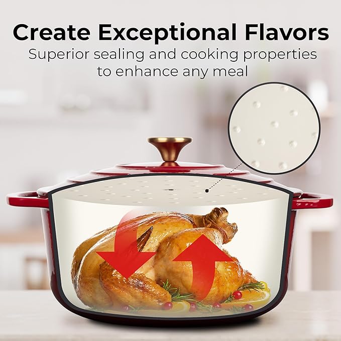 Zulay Kitchen 6 Quart Enameled Cast Iron Dutch Oven with Lid, Silicone Trivet & Heat Pad – Premium Durability & Oven Safe up to 500°F – Heavy Duty Cookware Perfect for Bread Baking, Stews, Braising & Roasting – Garnet
