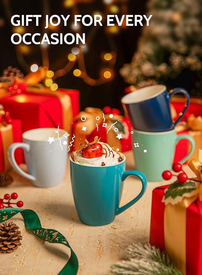 Sweese Porcelain Coffee Mugs - 12 Ounce - Set of 6, Cups for Latte, Hot Tea, Cappuccino, Mocha, Cocoa, Multicolor, Blue Assorted Colors