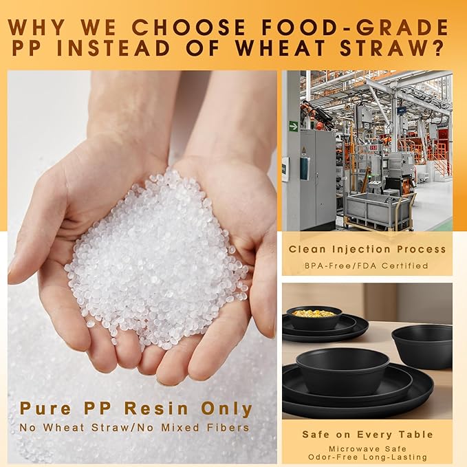 Plastic Dinnerware Sets – 40-Piece Plates and Bowls Sets with Cups, Knives, Forks and Spoons, Dishes Set for 8, Reusable Unbreakable Kitchen Dishware for Apartment, Camping, Outdoor, Black