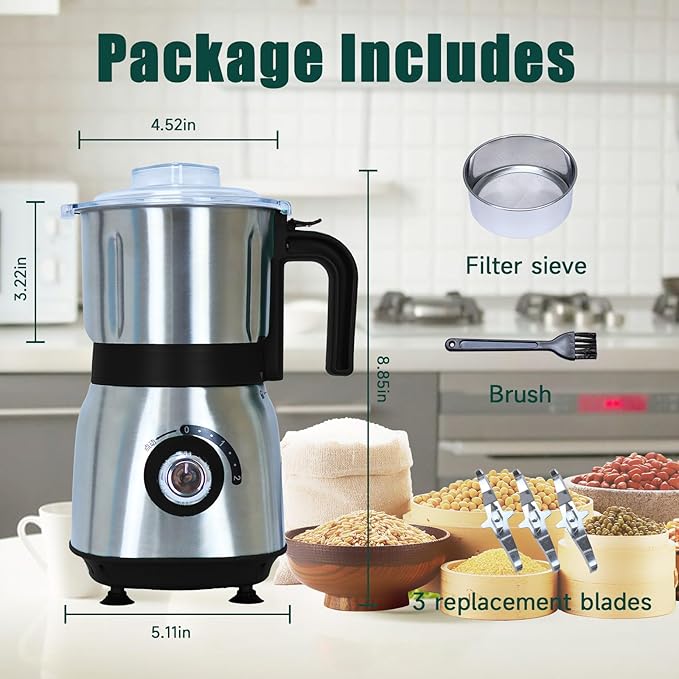 Grain Grinde For Kitchen, Electric Dry Spice Grinders Comes With 3 Removable Stainless Steel Blades, 500w Herb Grinder Suitable For Grinding Spices, Coffee Beans, Grains, Nuts (Black)
