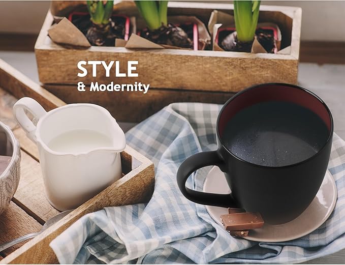 MIAMIO - Set of 6 Stoneware Coffee Mugs 12 Ounce/Cup Set - Le Papillon Collection (Black-Colourful)