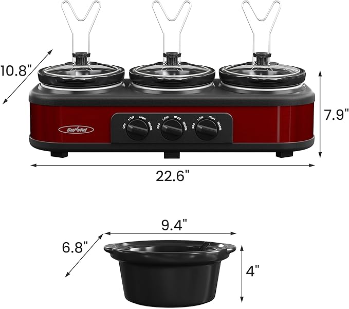 Sunvivi Triple Slow Cooker Buffet Servers and Warmer,3 Pot Food Small Mini Manual Slow Cooker with Adjustable Temp Stainless Steel Lid Rests,Removable Ceramic Pot, 3 * 1.5 Quarts Red