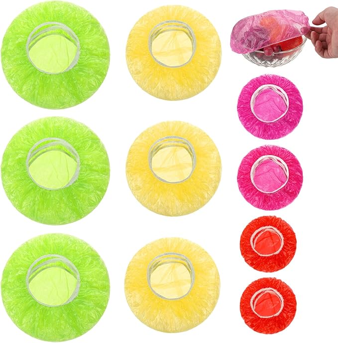 Boao 100 Pieces Bowl Covers Reusable Elastic Plastic Wrap for Food Storage Fresh Colorful Translucent Food Bowl Covers for Dish Plate Cup Bread Proofing for Family Outdoor Picnic Sourdough Baking