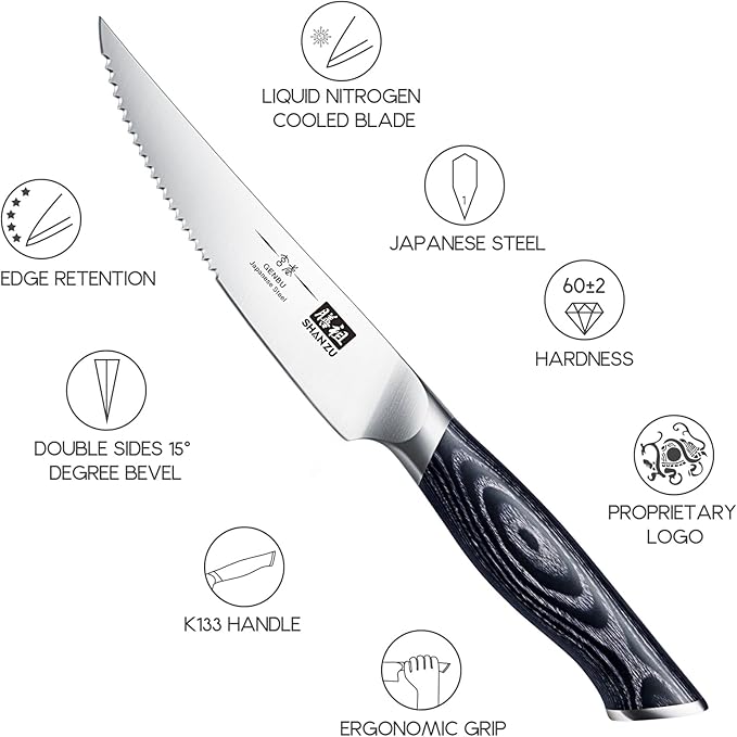 SHAN ZU 6 Pc Steak Knife Set, 4.5 Inch High Carbon Japanese Super Steel Steak Knives, Ultra Sharp Kitchen Steak Knife with K133 Ergonomic Handle, Black Tortoise Genbu Series