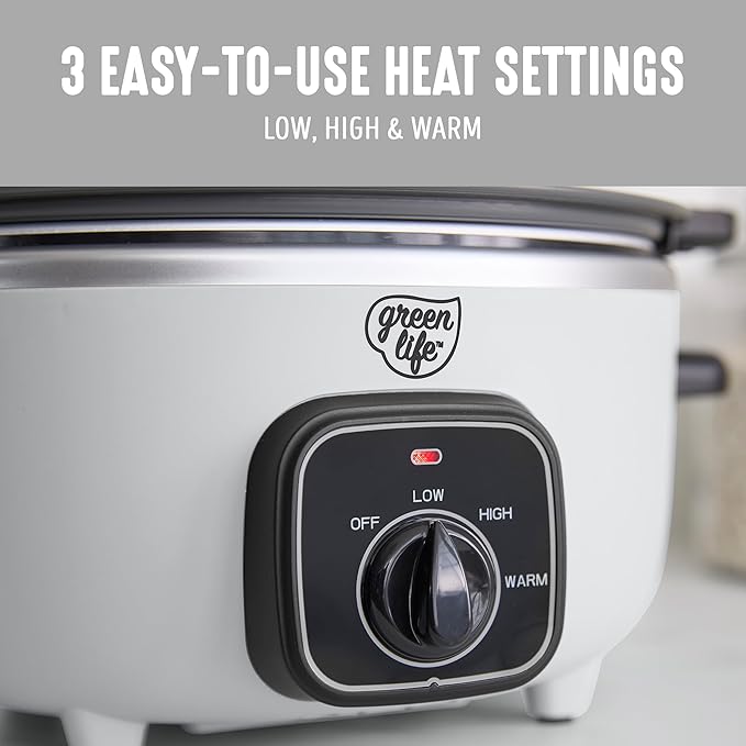 GreenLife 3.5QT Slow Cooker, Non-Toxic PFAS-Free Ceramic Nonstick Removable Interior Bowl, Programmable, Keep Warm, Stovetop & Oven Safe, Dishwasher Safe Parts, Glass Lid, White