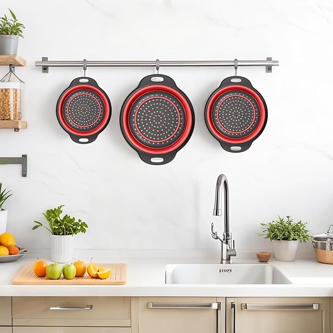 Collapsible Colander 3-Pack Set Space-Saving Foldable Kitchen Strainer with Non-Slip Base Durable Thickened PP+TPE Collapsible Strainers for Pasta, Vegetables, Fruits (Gray-Red)