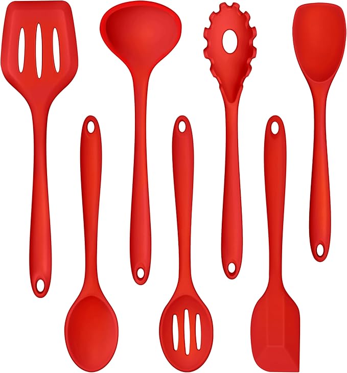 TeamFar Kitchen Utensils, 7 PCS Silicone Cooking Baking Utensil, Non-Stick Kitchen Gadgets with Ladle Spatula Spoon Turner Pasta Server, Non-Toxic & One Piece, Heat Resistant & Dishwasher Safe-Red