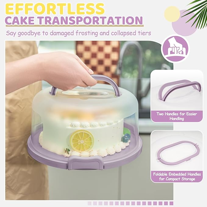 Ohuhu Cake Holder, BPA-Free Cake Carrier with Lid and Handle Cake Transport Container Portable Cake Keeper Two Sided Base for Pies Cookies Nuts Fruit etc - Suitable for 10 inch Cake Perfect Gifts