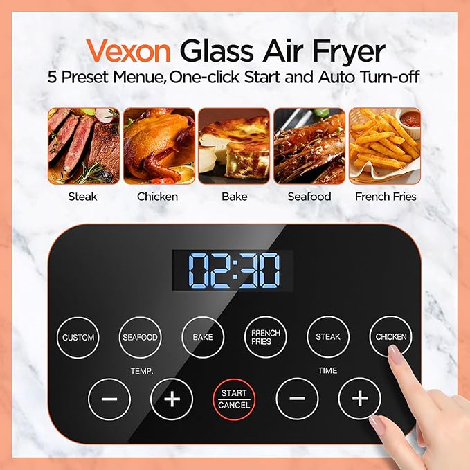 Vexon 4.5L Glass Air Fryer ,Clear Viewing Window ,Easy-to-Clean Basket ,Multiple Cooking Modes ,User-Friendly Digital Controls (Black)
