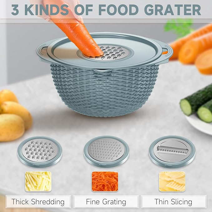 4-1 Strainer Bowl with Lid Set - Strainers and Colanders - Colanders for kitchen - Food Strainer with Graters & Spoons - Fruit Washing Bowl with Colander Pasta Rice Strainer for Veggie Wash - Blue