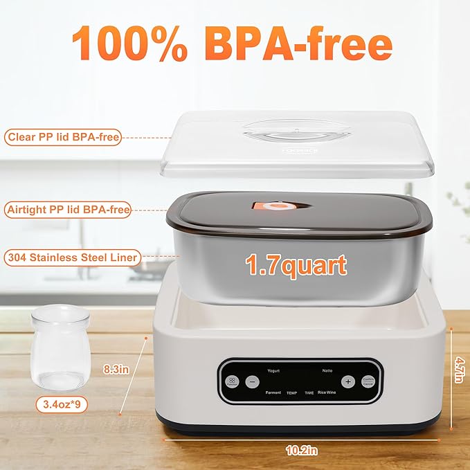 1.7-Quart Yogurt Maker with Adjust Temp(21°C-48°C/70°F-118°F) & Time(1-99h),110V-240V Auto-adaptive,Steel Inner Pot,BPA-free,Celsius Increment,Real-Time Countdown LED Display (Additional 9 jars)