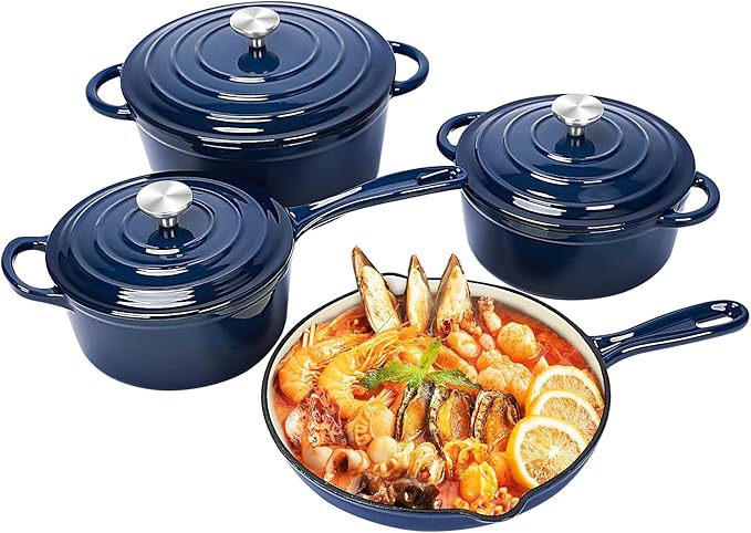 QuliMetal Nonstick Enameled Cast Iron Cookware Set, Frying Pan Skillet- 7-Pcs Pots and Pans with Lid, Healthy Round Dutch Oven Pot for Sourdough Bread Baking, Oven Safe up to 500° F or on All Stovetop