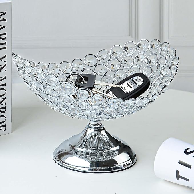 Hollow-Carved Design Crystal Fruit Bowl Food Bowl for Table Centerpiece,Snack Dessert Bowl Holder,Elegant Crystal Bowl for Party table (Silvery, Ship type)