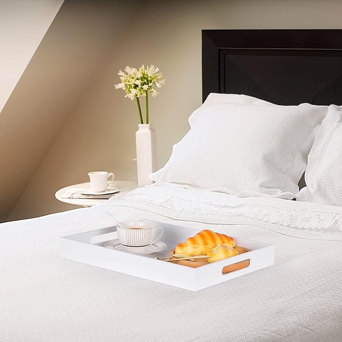 Modern Acrylic Ottoman Tray with Cutout Handles. Acrylic Serving, Organizer Decorative Tray. for Living Room, Bedroom,Bathroom and Kitchen Tabletop (White, 11x14 Inch)