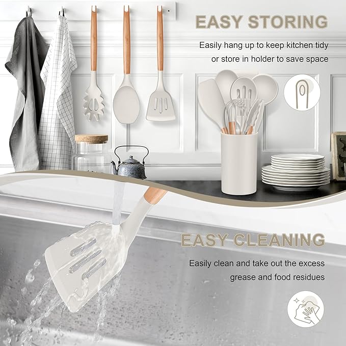 P&P CHEF Silicone Cooking Utensils Set, 12PCS Kitchen Utensils Set with Wooden Handle for Nonstick Cookware, Ladle, Spoon, Spatula, Tong, Heat-resistant & Non-scratch, Non Smell & Healthy, Khaki