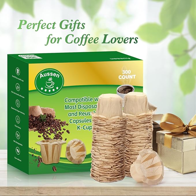 Aussen Disposable Coffee Paper Filters Replacement Kerig Filter Fit All Keurig Single Serve Filter Brands Compatible with Reusable Single Serve Pods Keurig Coffee Maker (Natural, 300pcs)