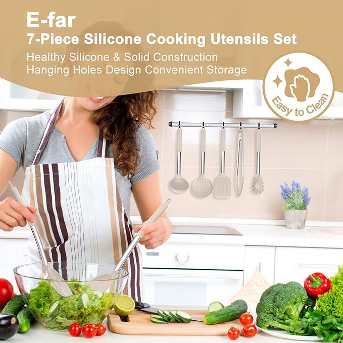 E-far Silicone Cooking Utensils Set, 7 Pcs Heat Resistant Kitchen Utensils with Stainless Steel Handle, Slotted Turner, Spoon, Soup Ladle, Pasta Server, Skimmer, Tongs for Nonstick Cookware, Khaki