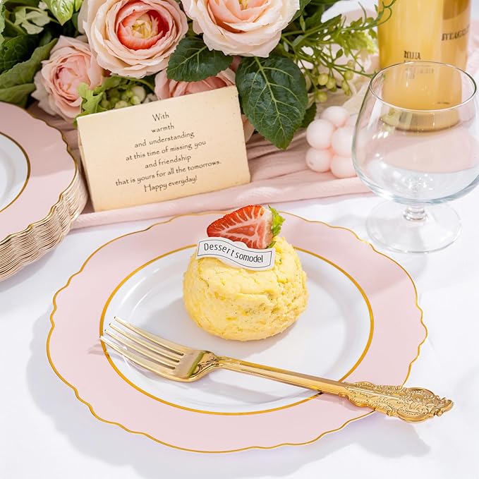 WDF 60pcs Pink Dessert Plates - 7.5inch Baroque Pink &White Disposable Dessert/Salad/Appetizer Small Cute Cake Plates for Upscale Parties &Wedding-Special for Bridal Shower, Brithday, Baby Shower