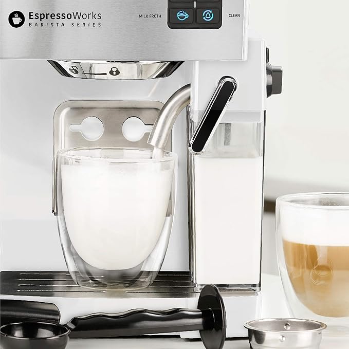 EspressoWorks 19-Bar Espresso, Latte and Cappuccino Maker 10-Piece Set - Brew Cappuccino and Latte with One Button - Espresso Machine with Milk Steamer 1250W - Coffee Gifts (White)