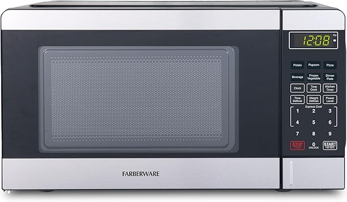 Farberware 0.7 Cu. Ft, Compact Microwave Oven, 700-Watt, with Auto Cook Menus, Child Lock, Stainless