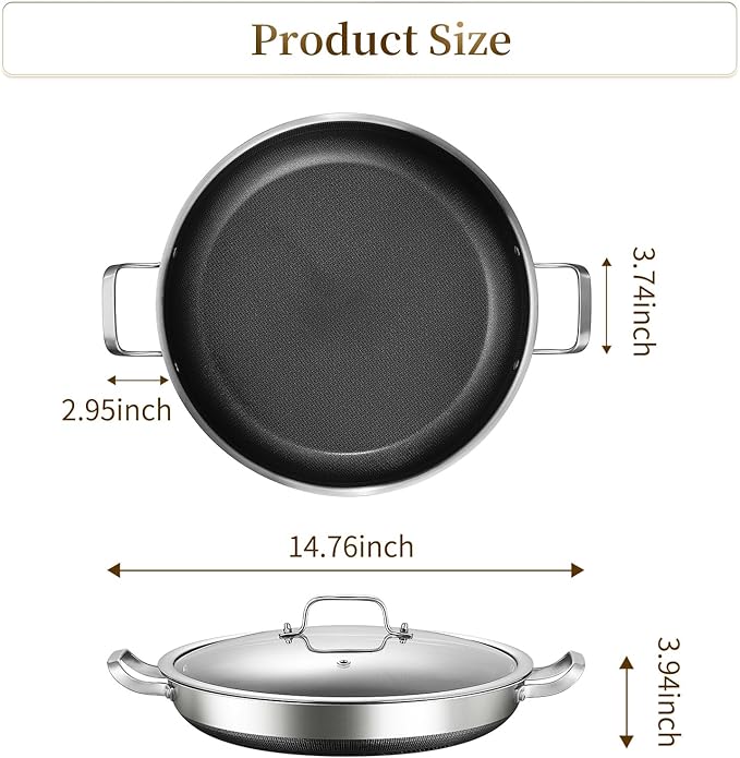 DELARLO Nonstick Paella Pan With Lid 14 Inch, Tri-Ply Stainless Steel Large Skillet, Everyday Pan, Fast & Even Heating Induction Cooking Pan, Dishwasher and Oven Safe, Heavy Duty Style