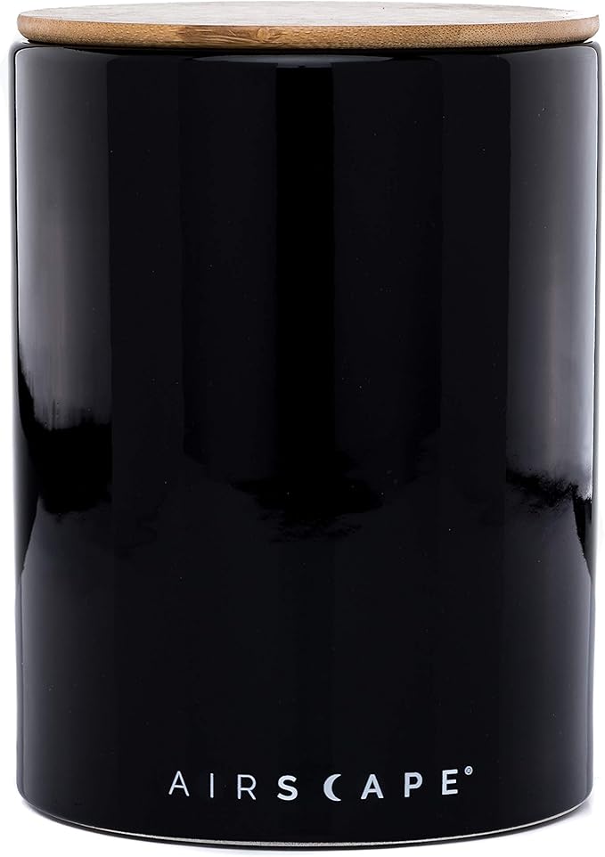 AirScape Planetary Design Ceramic Coffee and Food Storage Canister – Medium 7-inch – US Patented Airtight Inner Lid – Obsidian Black with Bamboo Top