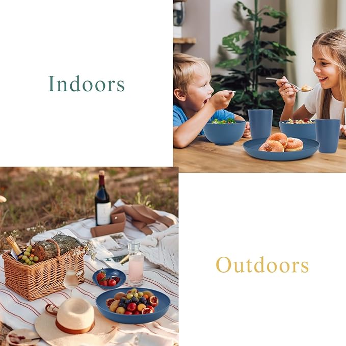 Wheat straw plates and bowls sets of 16 - Unbreakable wheat straw dinnerware sets for camping - Alternative plastic dinnerware set service for 4 - Microwave safe and Dishwasher safe bowls. Blue