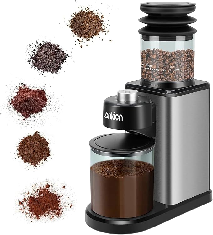 Coffee Grinder, Lonkion Conical Burr Coffee Grinder with 25 Grind Settings for 12 Cups, Home Use, Big Capacity Design, Stainless Steel