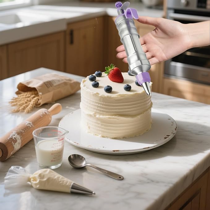 Dessert Decorating Syringe Set, Cake Frosting Piping Kit Stainless Steels Cupcake Icing Piping Kit with 6 Nozzles, 4 Scraper, 6 Silicone Cake Liners, 2 Cleaning Brush for DIY Cake Decoration, Purple