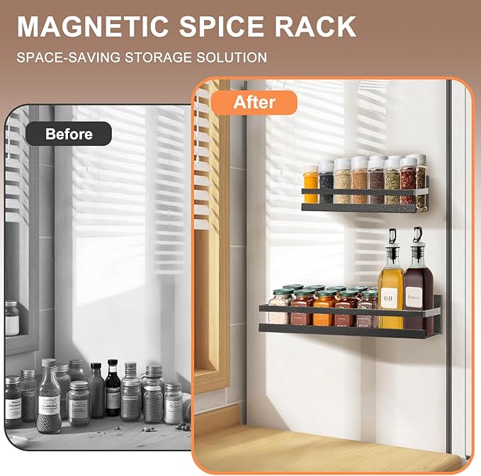 Uten Large Spice Rack for Refrigerator, 2 Pack Strong Magnetic Shelves, Moveable Fridge Organizer for Kitchen Holding Spices, Jars
