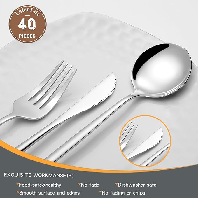 Mirror Modern Flatware Set for 8, 40-Piece Stainless Steel Silverware Set, LaienLife Unique Utensils with Long Forks Spoons and Knives Sets, Great for Home and Restaurant, Dishwasher Safe - Silver