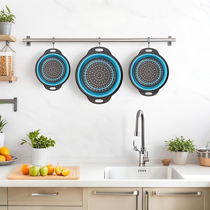 Collapsible Colander 3-Pack Set Space-Saving Foldable Kitchen Strainer with Non-Slip Base Durable Thickened PP+TPE Collapsible Strainers for Pasta, Vegetables, Fruits (Gray-Blue)