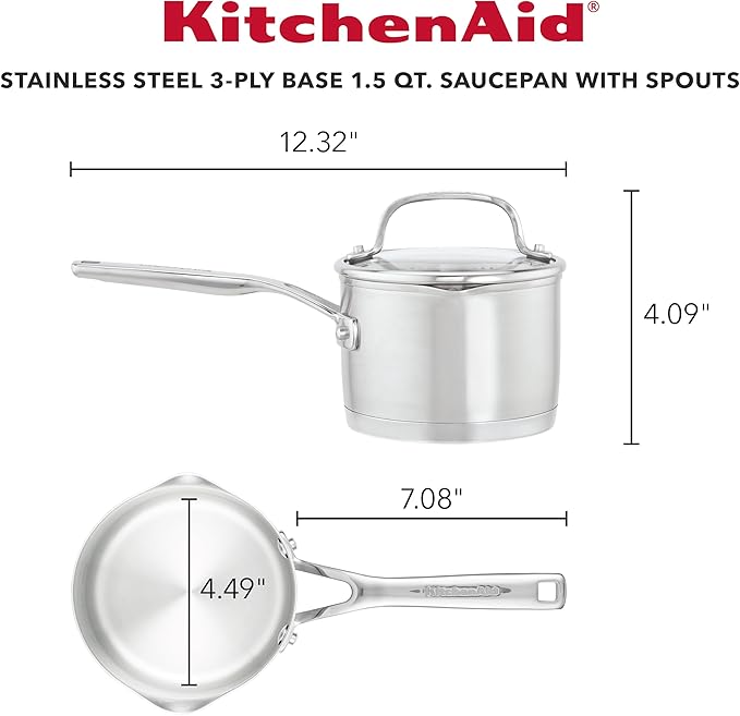 KitchenAid 3-Ply Base Stainless Saucepan with Pour Spouts, 1.5 Quart, Brushed Stainless Steel