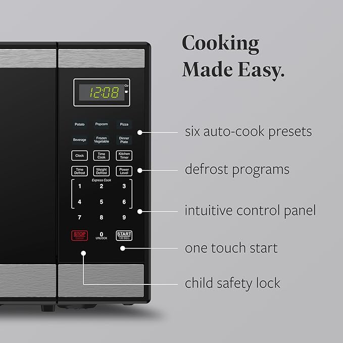 Farberware 1.1 Cu. Ft. Countertop Microwave Oven – 1000W Power, Auto Cook Settings, Defrost, and Safety Lock Stainless Steel, Black Stainless