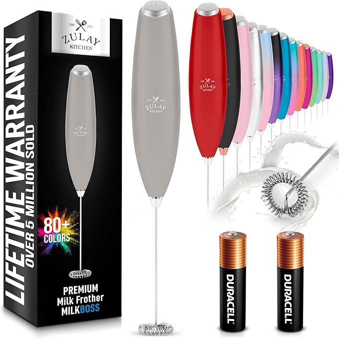 Zulay Kitchen Milk Frother Handheld Electric Whisk with AA Duracell Batteries – Durable Drink Mixer for Coffee, Lattes, Cappuccinos & More - Gray