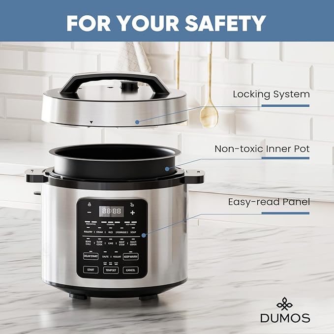 DUMOS 12-in-1 Electric Pressure Cooker 6 QT Stainless Steel Multi Cooker Electric for Pressure, Rice, Steamer, Yogurt Maker, Slow Cook,Meat Stew, Cake, Porridge, Multigrain, Sliver