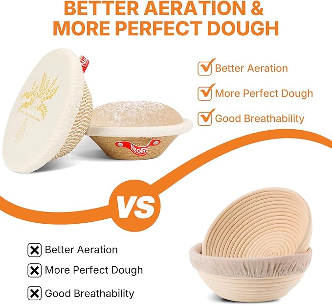 Banneton Bread Proofing Basket Set - 2X Round Sourdough Proofing Baskets - Sourdough Proofing Bowls Bread Baking Supplies With Liner & Cloth Cover - Cotton Rope Banneton Basket for Baking