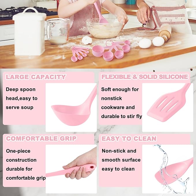 E-far Pink Silicone Cooking Utensils Set, 24Pcs Heat Resistant Kitchen Utensil with Holder, Silicone Kitchen Tools with Spatula Turner Spoon Tongs Whisk, Non-Toxic & Dishwasher Safe