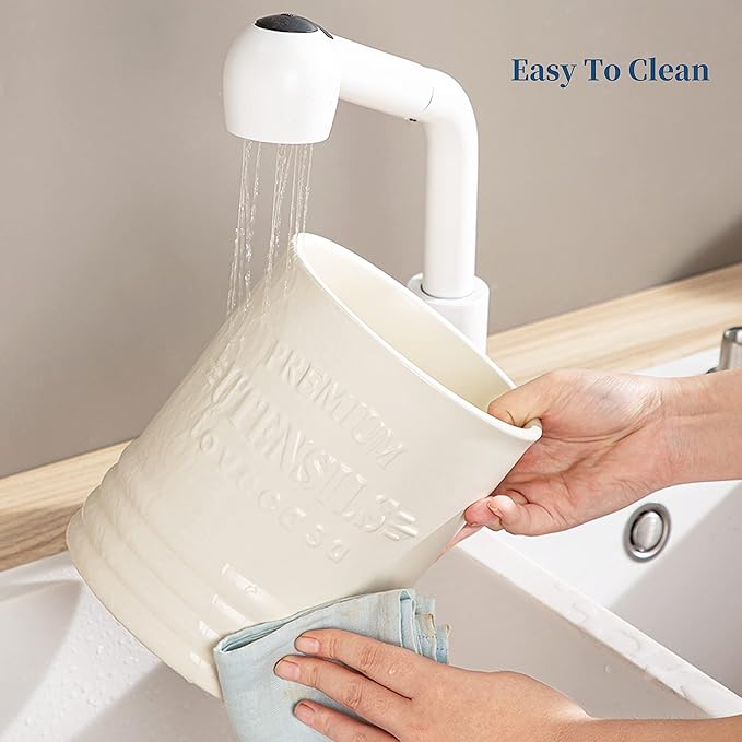 LOVECASA Vintage Utensil Holder for Kitchen Countertop, 7.2” Large Ceramic Utensil Crock for Home Décor, Farmhouse Utensil Vase for Housewarming, Wedding, Birthday Gift - Cream White