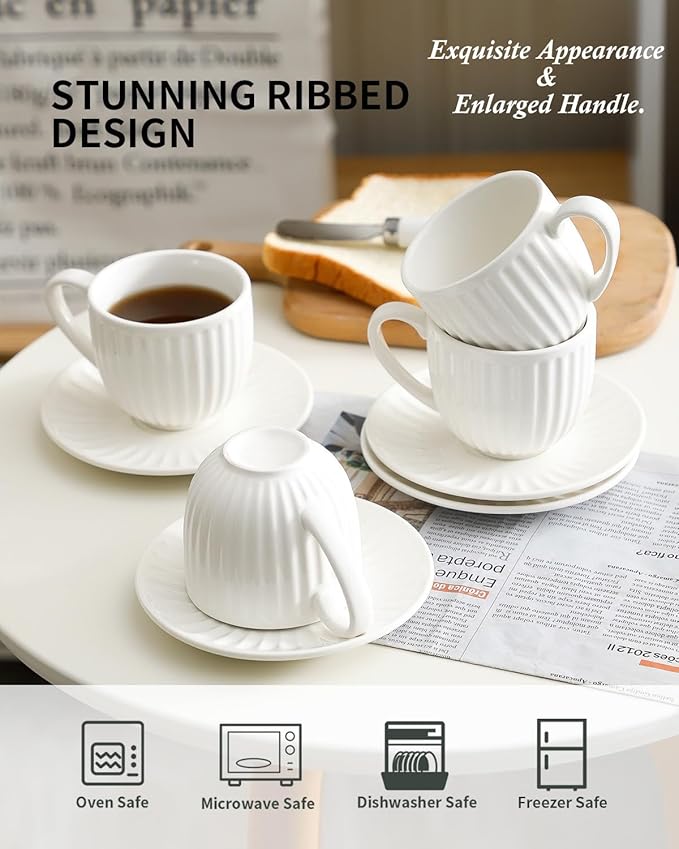 Hasense Porcelain Cappuccino Cups and Saucers Set of 4,White Ribbed 6 Oz Demitasse Tea Cup with big Handle, Mugs Set for Coffee,Tea,Latte and Mocha, Aesthetic Gift for Anniversary or Holiday