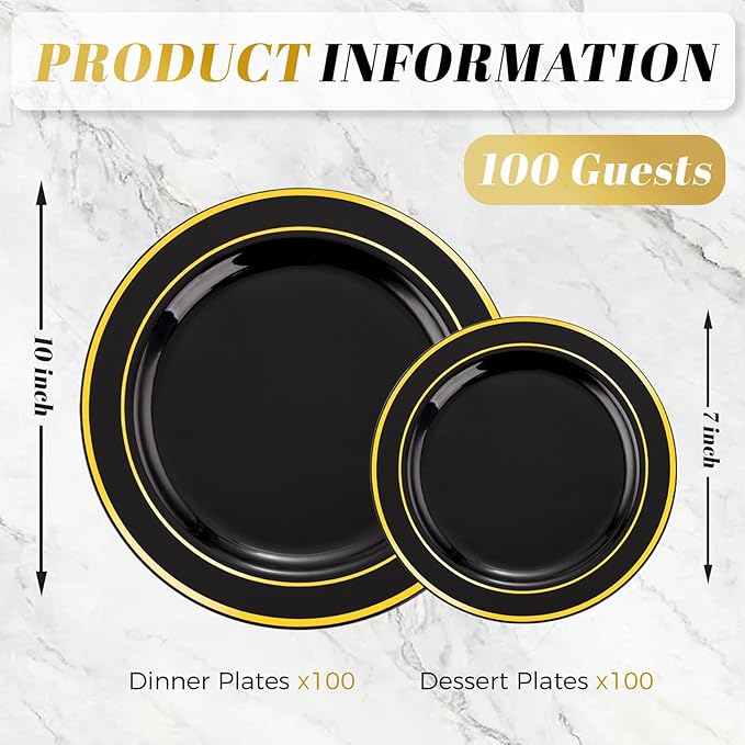 WDF 200PCS Black and Gold Plastic Plates - Black Plates Disposable for Party - Heavy Duty Plastic Plate for Halloween/New Year