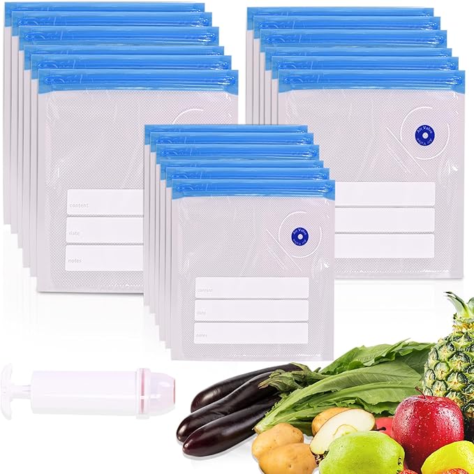 Sous Vide Bags, 24PCS 3Size Reusable Vacuum Seal Bags for Food,Vacuum Zipper Sealer Bag with Hand Pump, Sous Vide Cooking,Freezer Safe,Microwave Heating and Food Storage