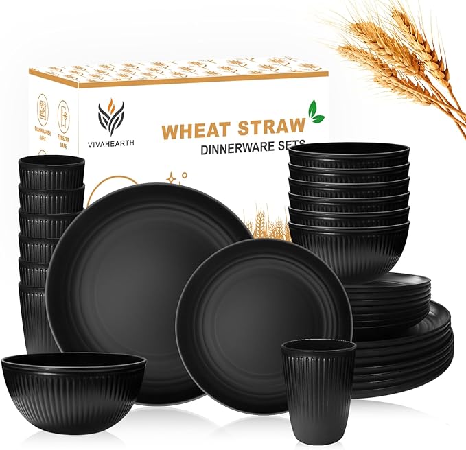Wheat Straw Dishes Set for 8, Dinnerware Sets 32 piece, Unbreakable Plates, Bowls, Cups Sets for Kitchen Parties Camping RV - Black