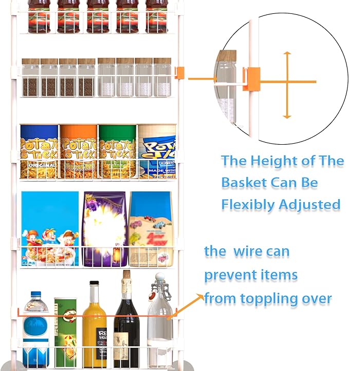 5-Tier Over The Door Pantry Organizers, Pantry Door Organizer and Storage with Adjustable Baskets,Heavy-Duty Metal Spice Rack,essential kitchen and home Shelves (white)