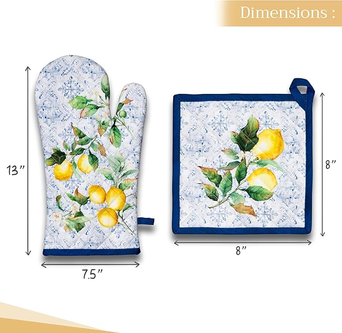 Maison d' Hermine 100% Cotton Oven Mitt & Pot Holder Set (7.5"x13" & 8"x8") Heat Resistant BBQ Cooking Gloves with Loop, Baking, Grilling, Kitchen, Handling Hot Pans Spring/Summer (Citrus)