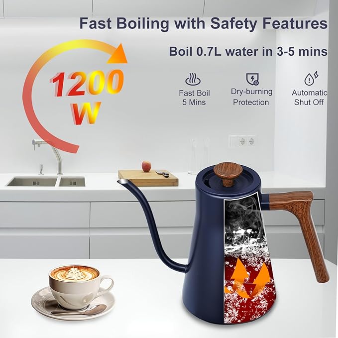 Gooseneck Electric Kettle - 1200W Quick Boil, Temp Control with 5 Presets & ±5℉ Adjustment, Accurate Pouring, 24oz Small Pour Over Coffee & Tea Kettle, 2H Auto Keep Warm, Stainless Steel, Blue