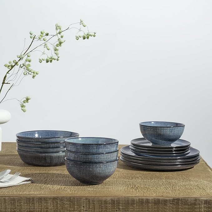 Famiware Moonlight Plates and Bowls Sets, 12 Pieces Stoneware Dinnerware Sets with Linen Finish, Handmade Dishware Set for 4, Microwave and Dishwasher Safe, Chip and Scratch Resistant, Dark Blue