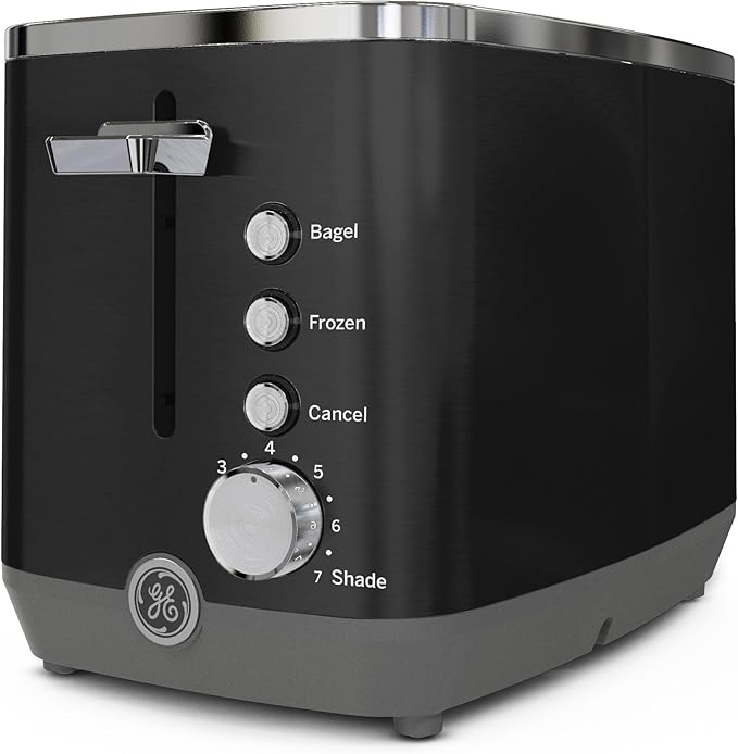 GE 2 Slice Black Stainless Steel Toaster, Extra Wide Slots for Toasting Bagels, Breads, Waffles & More, 7 Adjustable Shade Settings, Removable Crumb Tray, Countertop Kitchen Essentials, 850 Watts