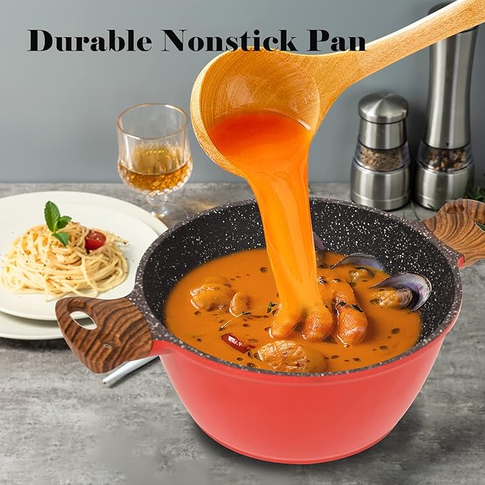 Nonstick Stockpot with Lid - 9 Inch/4.7 Quart Granite Coated Nonstick Stock Pot, All Stove Compatible Soup Pasta Cooking Pot, Red